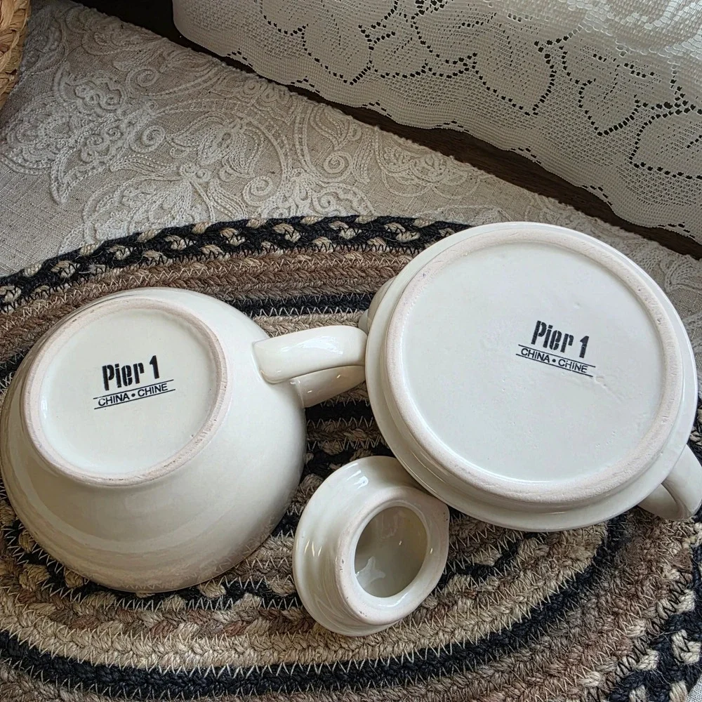 Pier 1, Tea for One Set Small Cream Off-White Ceramic Stackable‎ Teapot and Cup